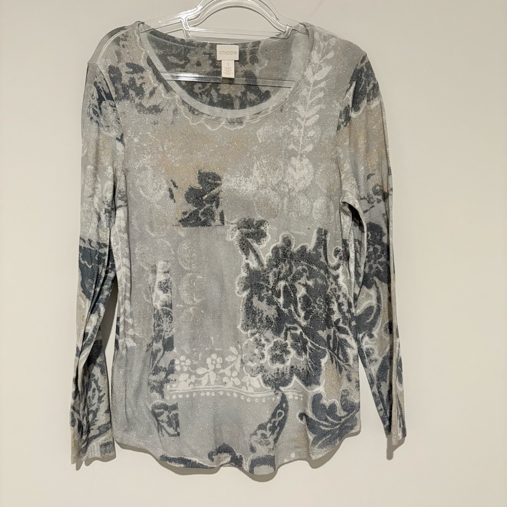 Chico’s Lightweight Sparkly Floral Pattern Sweater grey Size‎ 1